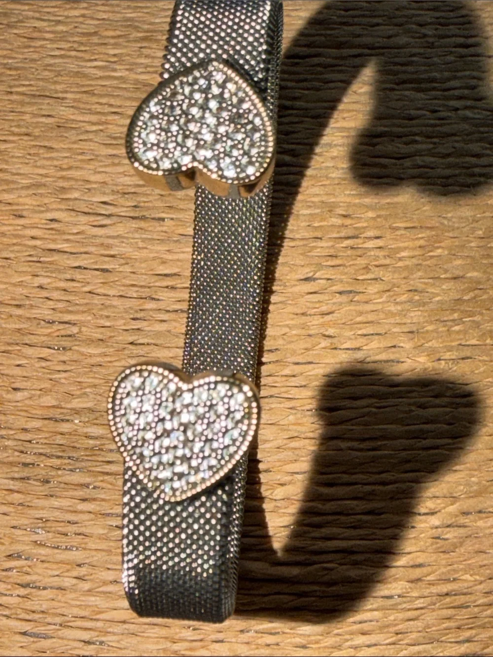 Bracelet two hearts with pave crystals silver mesh finish cuff style